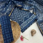Contemporary Blue Geometric Print Kota Doria Suit – Handcrafted Elegance