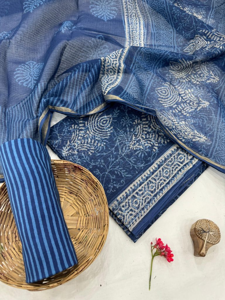 Elegant Blue Floral Hand Block Printed Kota Doria Suit - Summer Unstitched Collection