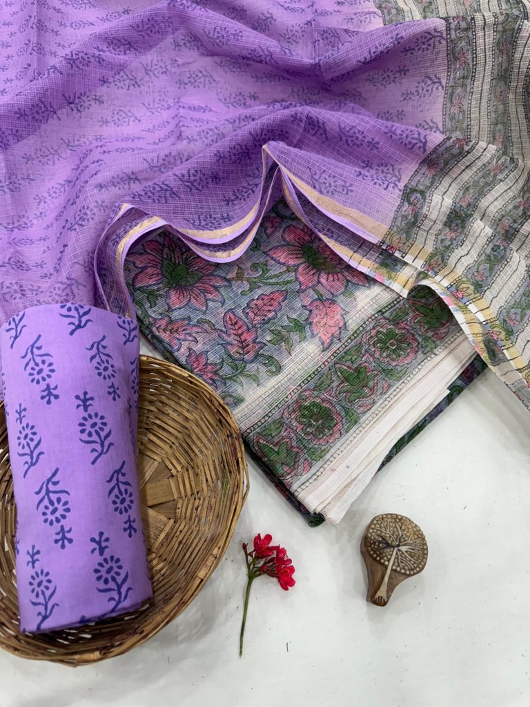 Elegant Lilac Hand Block Printed Unstitched Summer Suit - Buy Online
