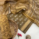 Sophisticated Golden Brown Block Print Unstitched Suit – Order Today