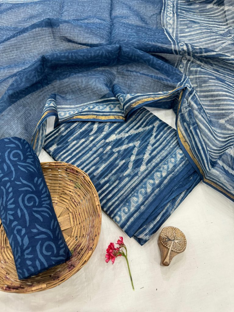 Traditional Indigo Leaf Pattern Kota Doria Unstitched Suit - Summer Essentials
