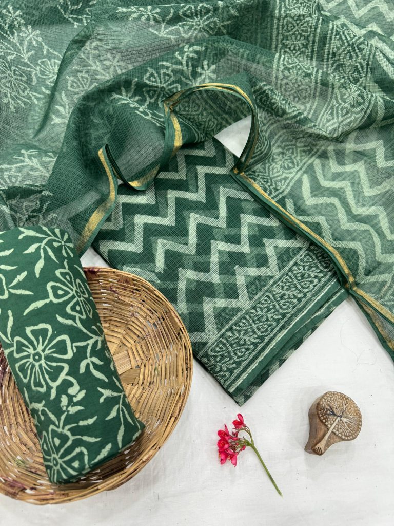 Verdant Green Hand Block Printed Kota Doria Suit - Unstitched Summer Elegance