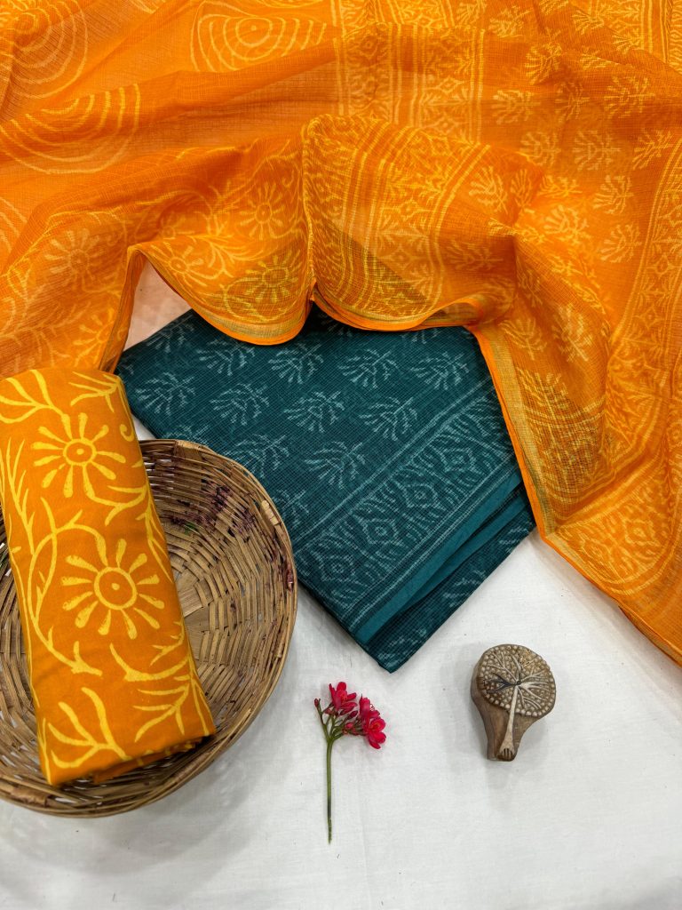 Vibrant Orange Kota Doria Suit - Turquoise Hand Block Vibrancy