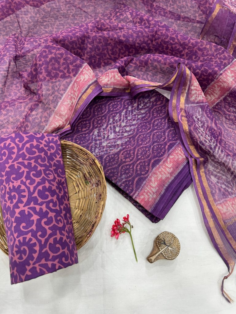 Majestic Purple Block Print Fabric - Unstitched Regal Summer Style