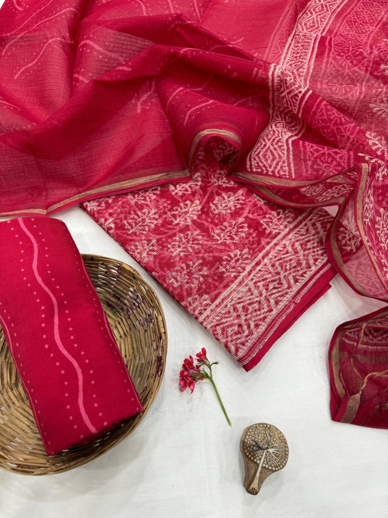 Radiant Rose Hand Block Printed Kota Doria Suit - Unstitched Chic Summer Wear