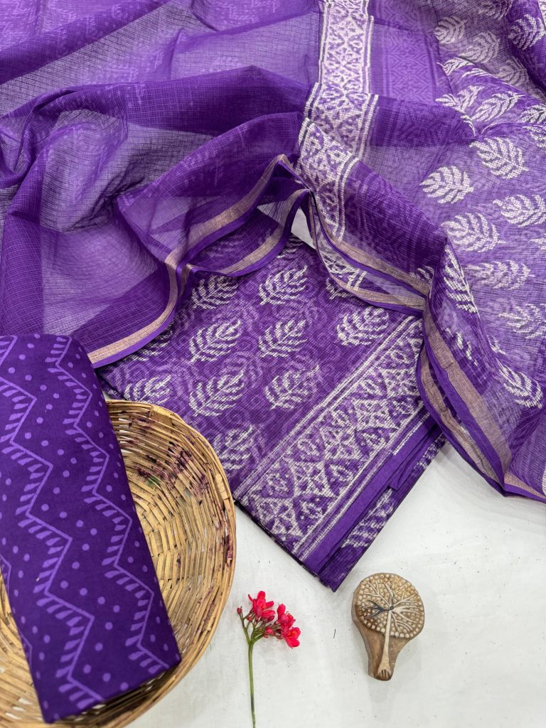 Royal Purple Kota Doria Unstitched Suit - Hand Block Perfection