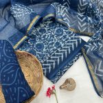 Blue Traditional Motif Hand Block Printed Kota Doria Summer Suit