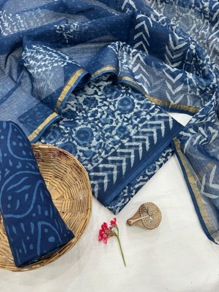 Blue Traditional Motif Hand Block Printed Kota Doria Summer Suit