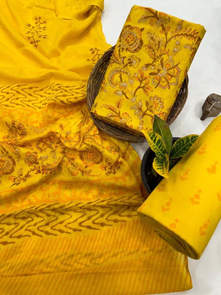 Sunny Yellow Hand Block Printed Cotton Salwar Suit Set - Summer Unstitched Collection