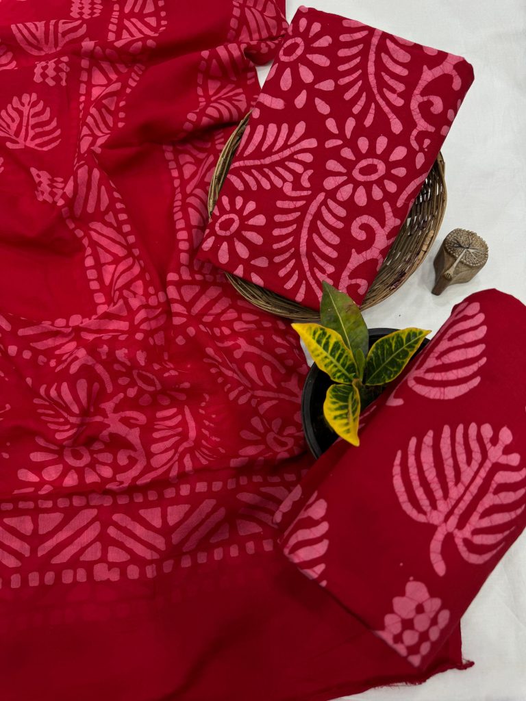 Vibrant Red Block Print Cotton Salwar Suit - Unstitched Jaipur Collection