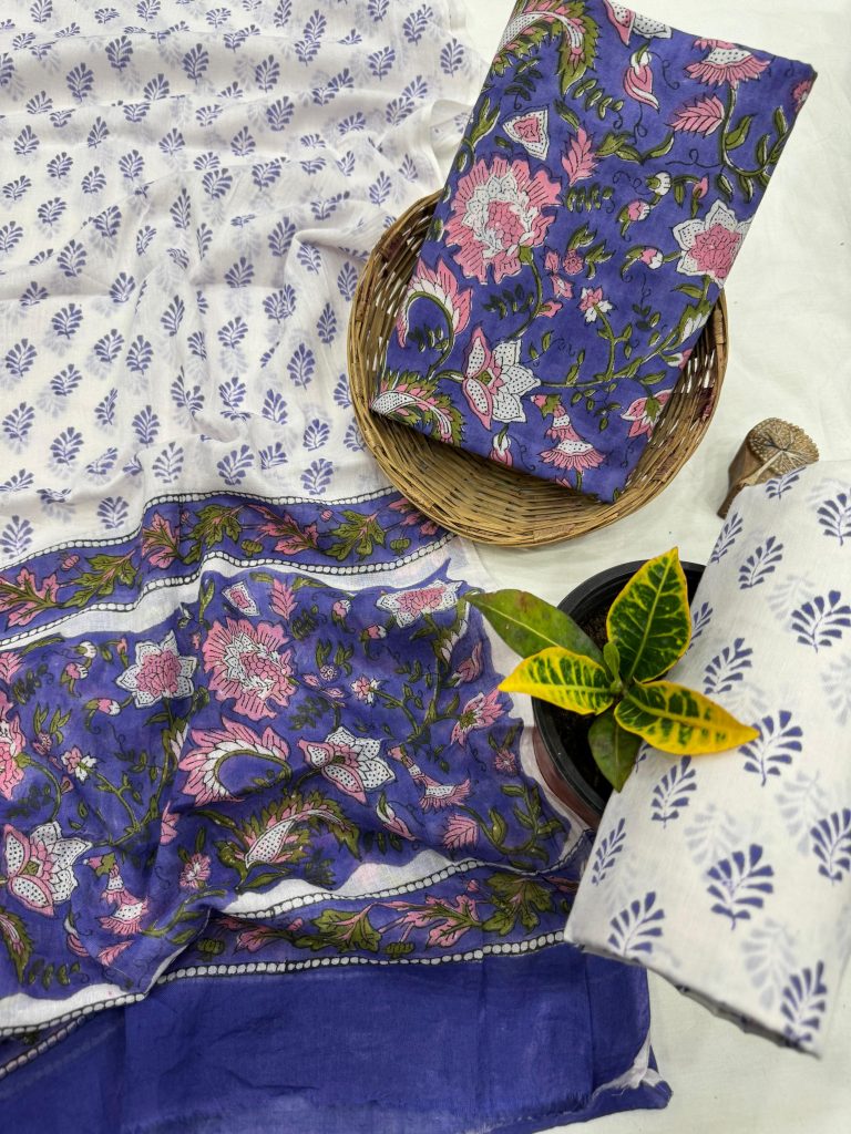 Regal Blue Floral Hand Block Cotton Salwar Suit - Summer Daily Wear