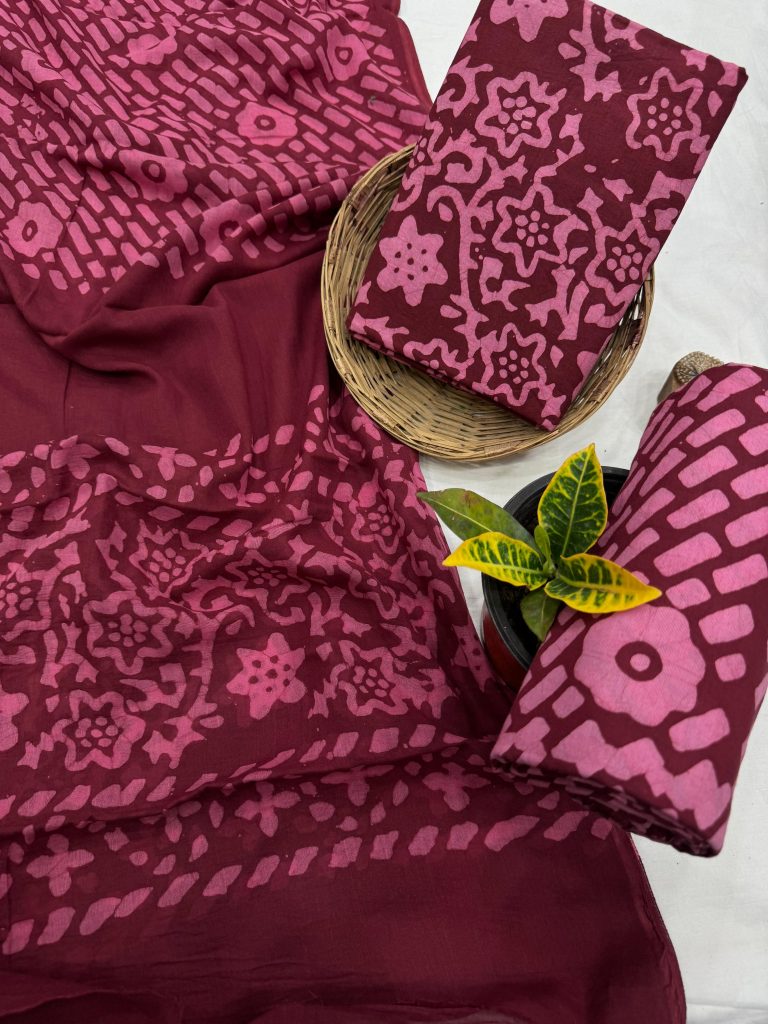 Rich Burgundy Hand Block Printed Cotton Suit - Unstitched Tradition