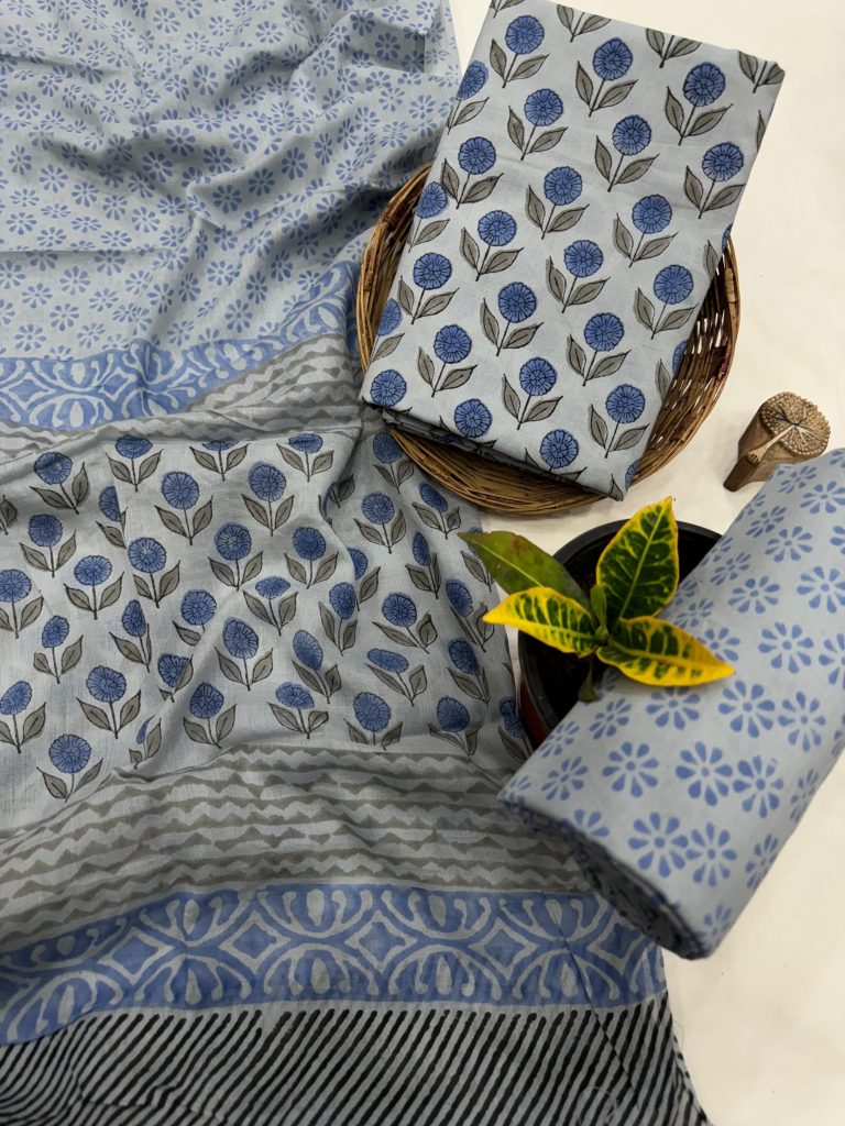 Tranquil Blue Leaf Print Cotton Salwar Suit - Unstitched Elegance