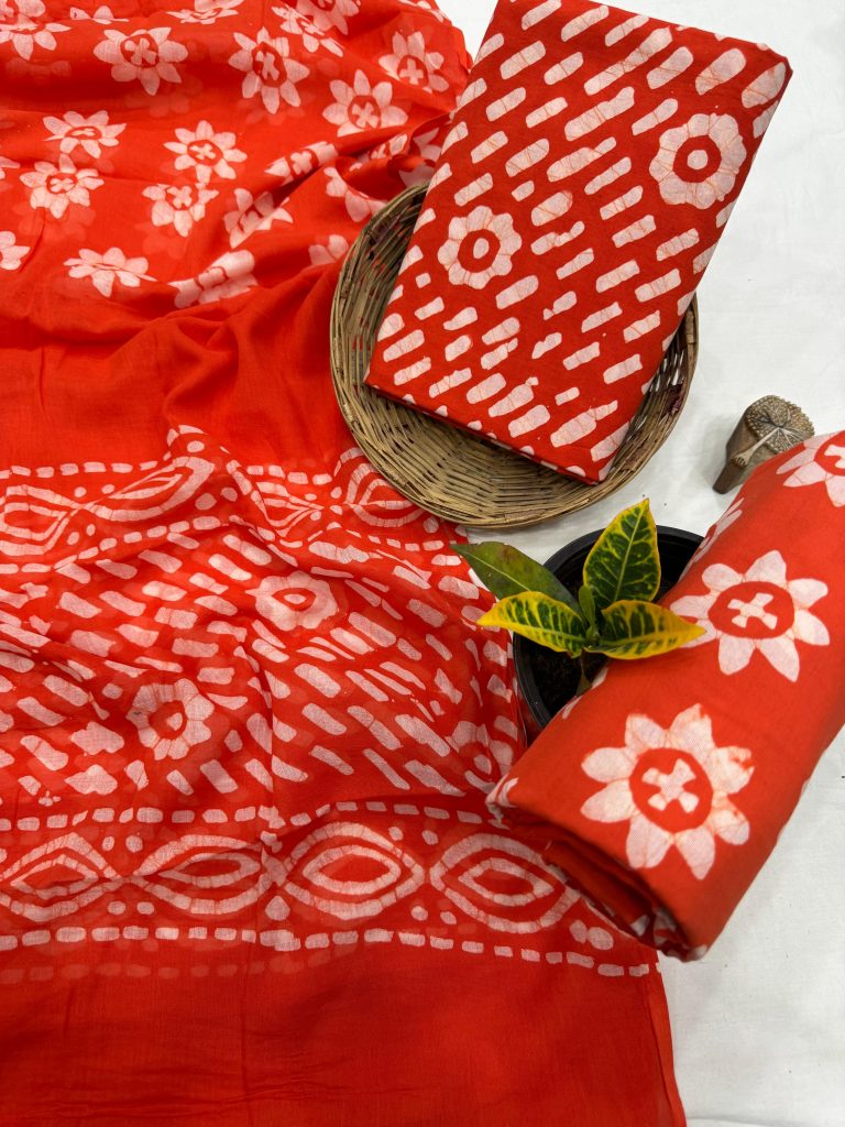 Vibrant Coral Block Print Cotton Salwar Suit - Unique Summer Wear