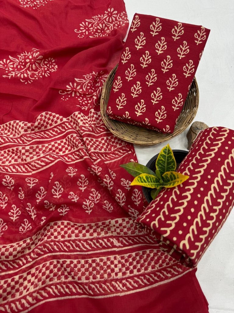 Crimson Red Block Printed Cotton Salwar Suit - Exclusive Design
