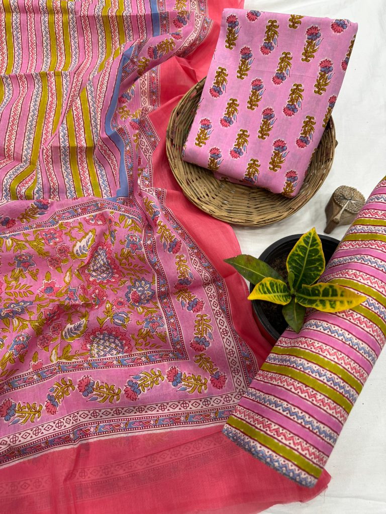 Pink and Red Hand Block Printed Salwar Suit - Unstitched Elegance