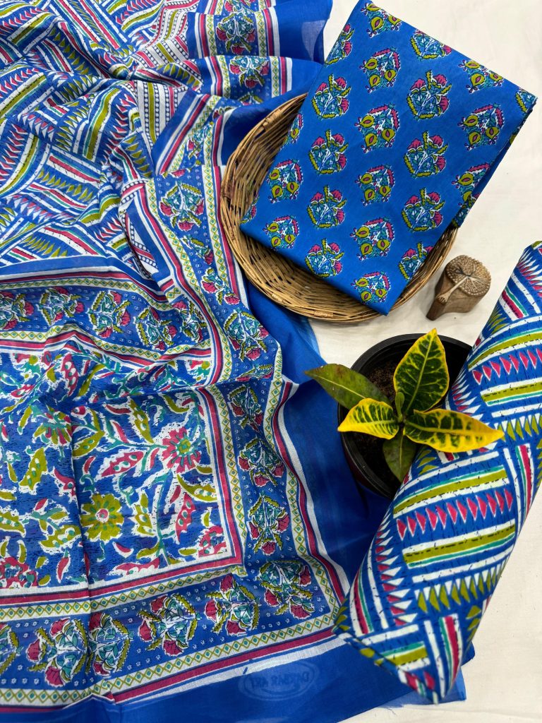 Royal Blue Traditional Block Printed Cotton Suit - Artisanal Daily Wear