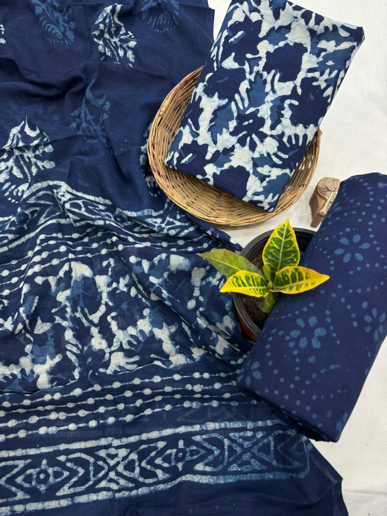 Navy Blue Batik Print Cotton Salwar Suit - Unstitched Summer Ensemble