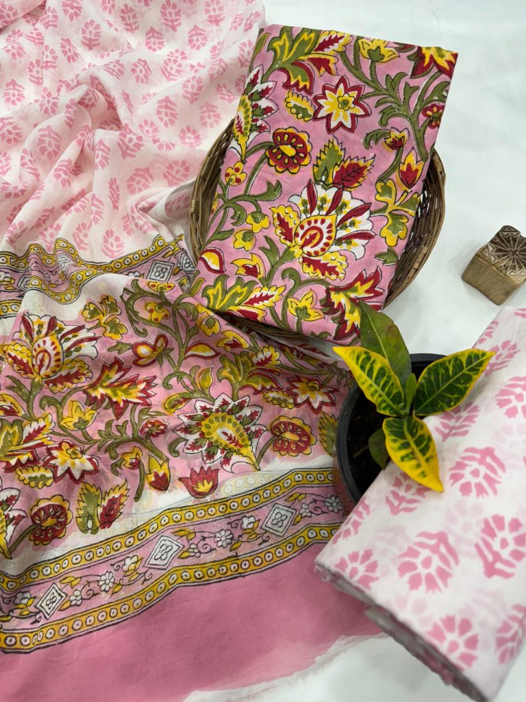Blossom Pink Floral Block Print Cotton Suit - Vibrant Daily Wear