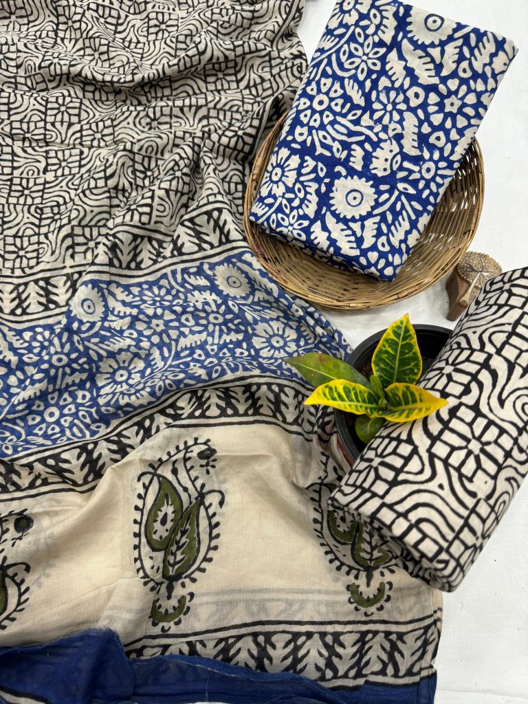 Classic Beige and Indigo Block Print Salwar Suit - Traditional Elegance