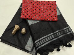 Black linen saree with red printed blouse
