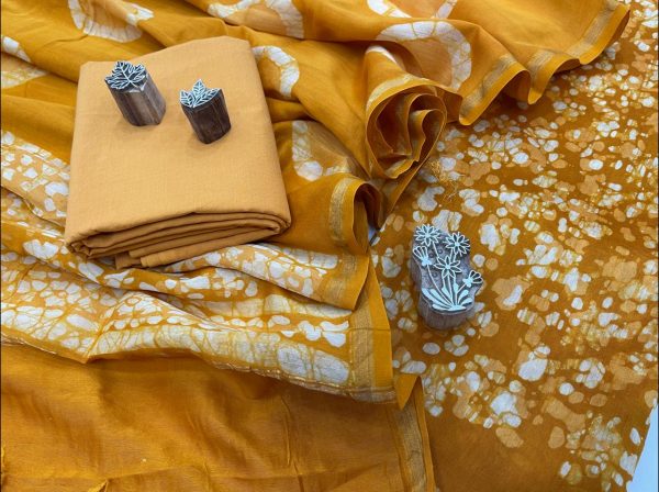 Copper yellow color batik printed chanderi suit