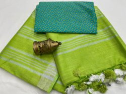 Green color linen saree with printed blouse