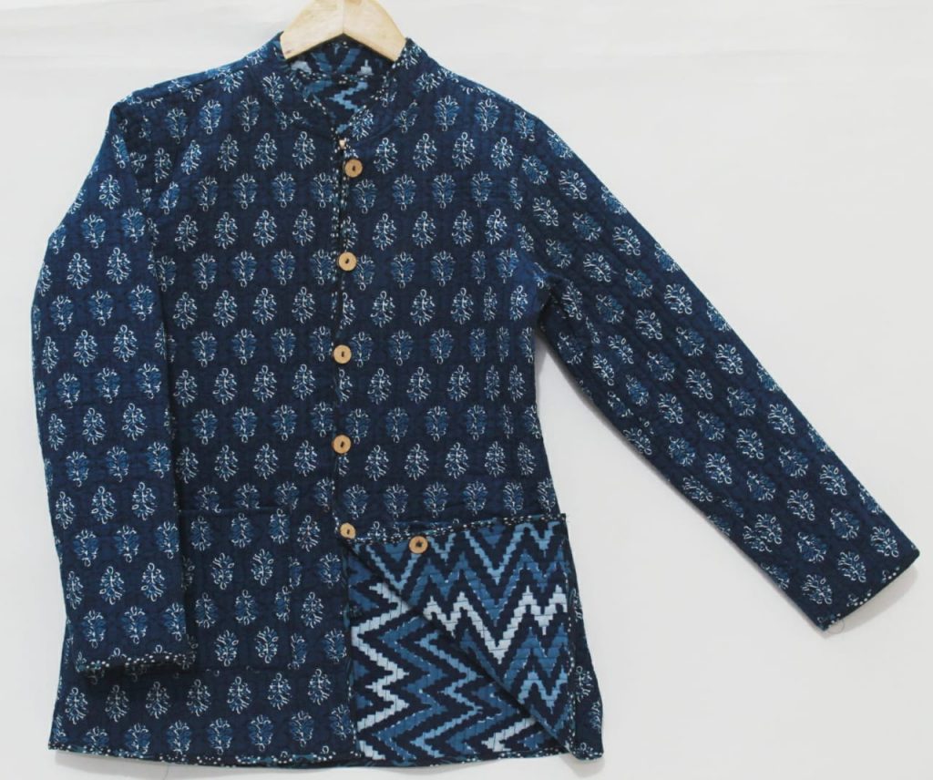 Indigo blue booty print reversible quilted jacket for ladies