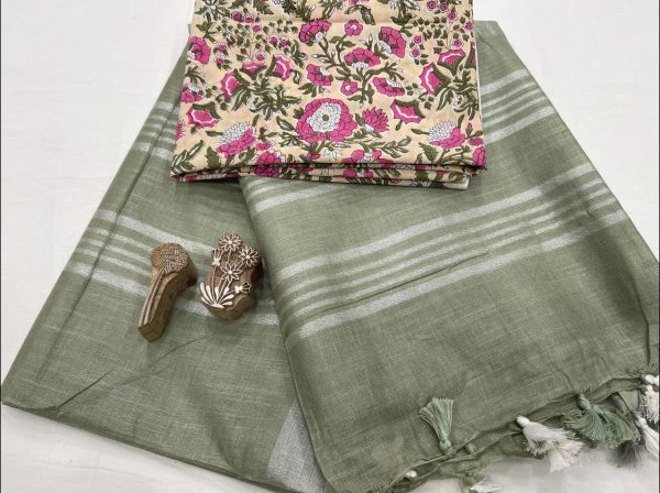 Slate gray linen saree with white printed blouse