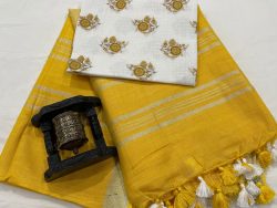 Yellow linen saree with blue printed blouse