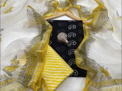 Black and yellow office wear cotton suit with kota silk dupatta