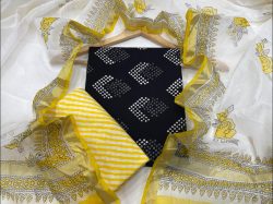 Yellow and black office wear cotton suit with kota silk dupatta