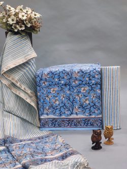 Blue jaal printed cotton suit with chanderi cotton dupatta