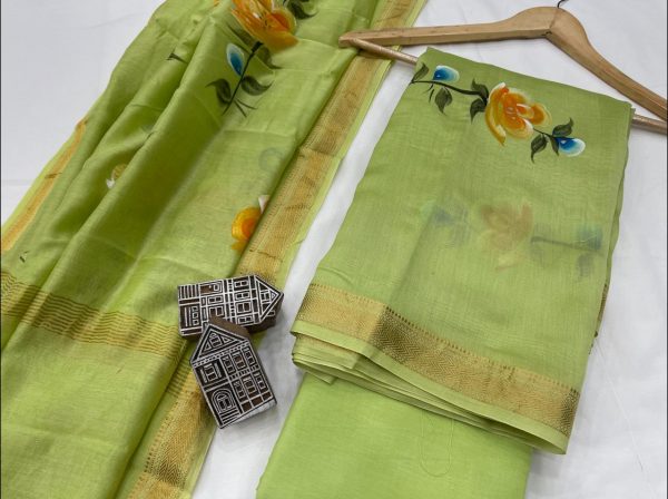 Light green brush painted Maheshwari silk suit