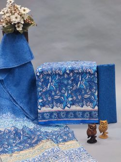 Navy blue floral print cotton suit with chanderi cotton dupatta