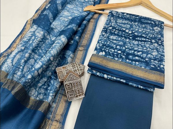 Persian blue printed Maheshwari silk suit