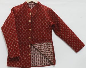 Red printed reversible quilted jacket for ladies