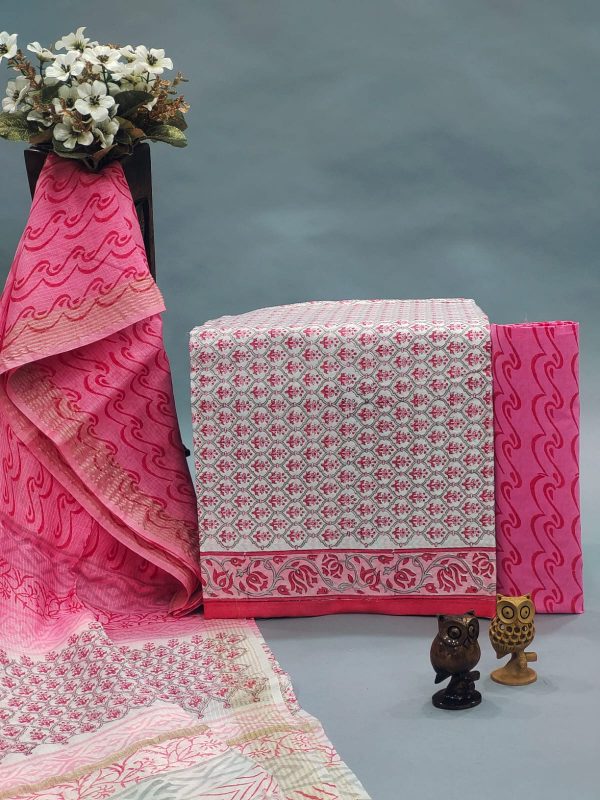 Rose pink color printed cotton suit with chanderi cotton dupatta