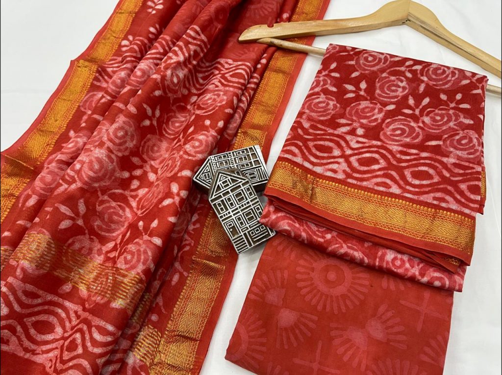 Scarlet orange printed Maheshwari silk suit