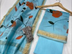 Sky blue brush painted Maheshwari silk suit