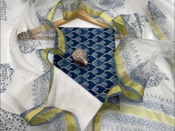 Blue and white office wear suit with kota silk dupatta