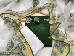 Green and white office wear suit with kota silk dupatta