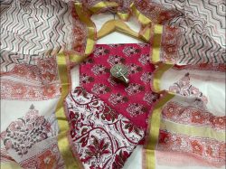 Pink and white office wear cotton suit with kota silk dupatta