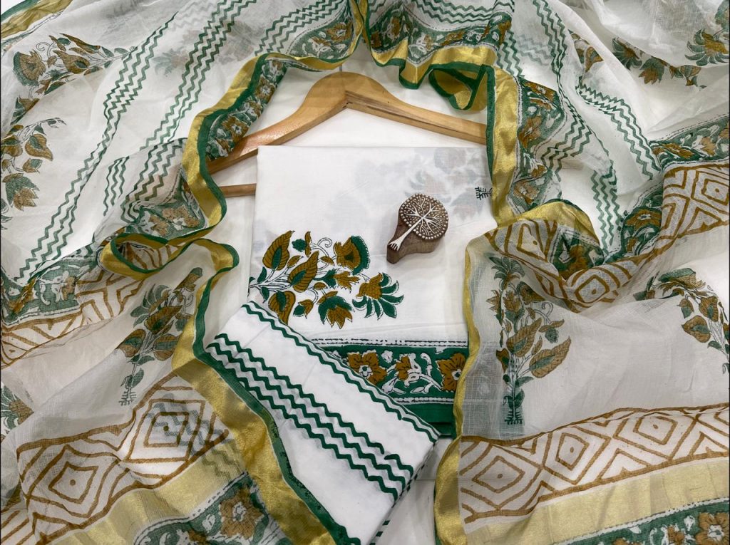 White and viridian color office wear suit with  kota silk dupatta