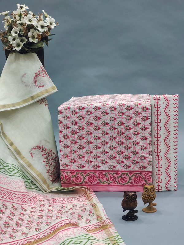 White and pink printed cotton suit with chanderi cotton dupatta