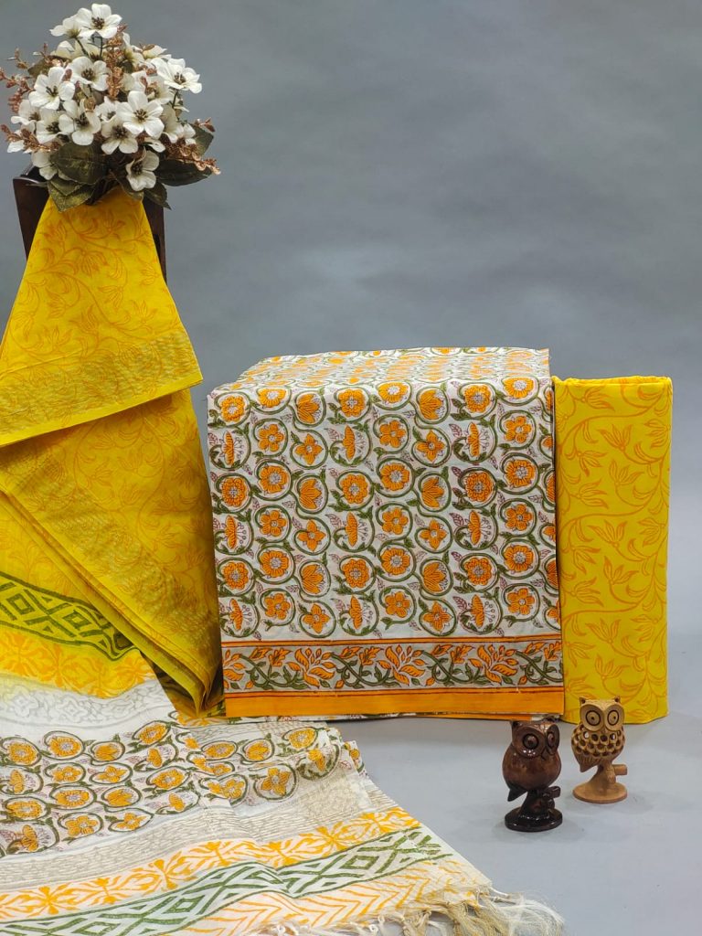 Yellow orange printed cotton suit with chanderi cotton dupatta