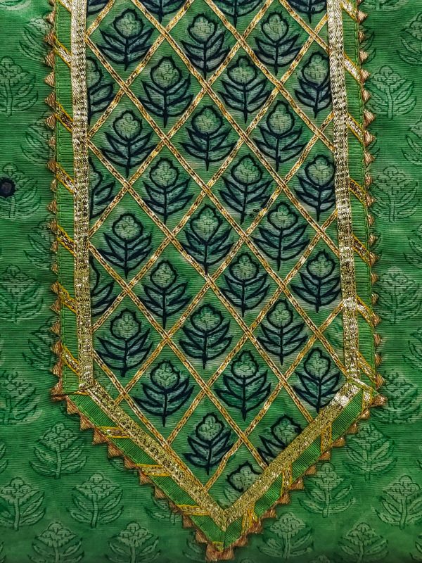 Green mugal print gota patti work chanderi cotton suit