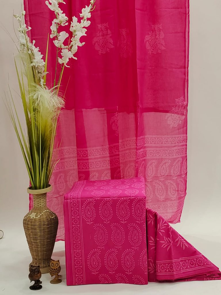 Ruby pink printed cotton mul dupata suit