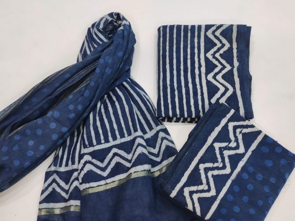 Natural Indigo blue batik print cotton suit with chanderi cotton dupatta