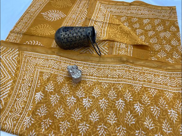 Copper brown hand block printed Chanderi silk saree